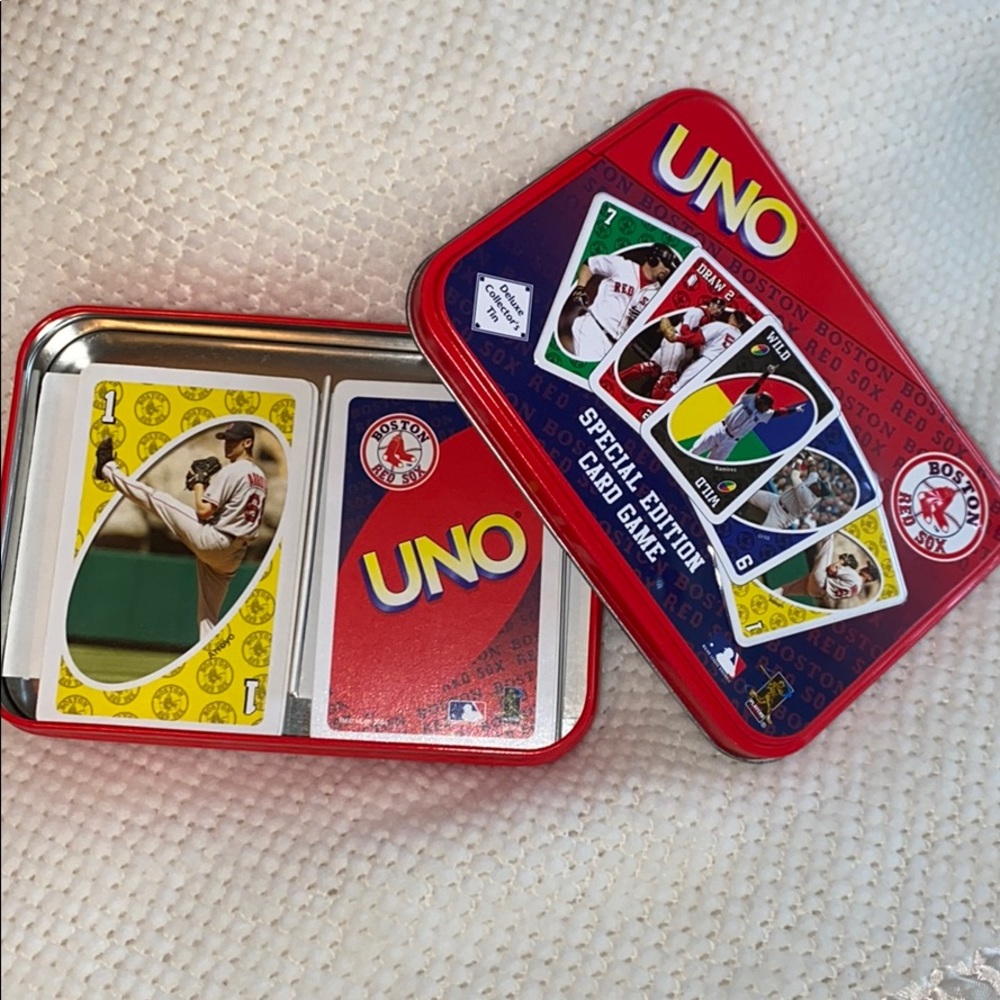 Red Sox Uno cards with collectible tin